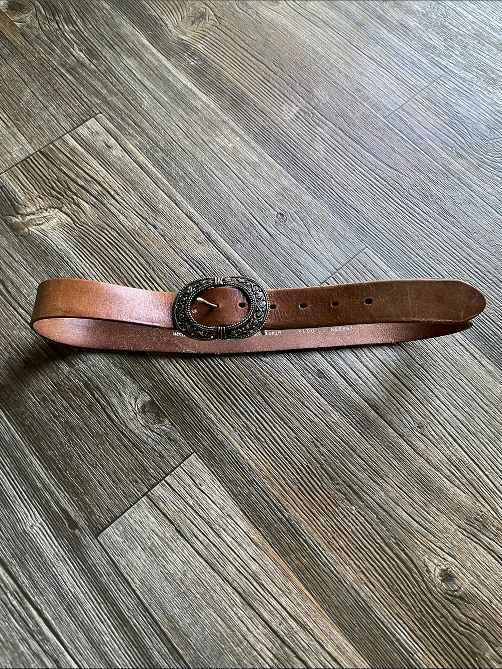 Fossil Tan Leather Belt with Ornate Antique Silver Oval Buckle